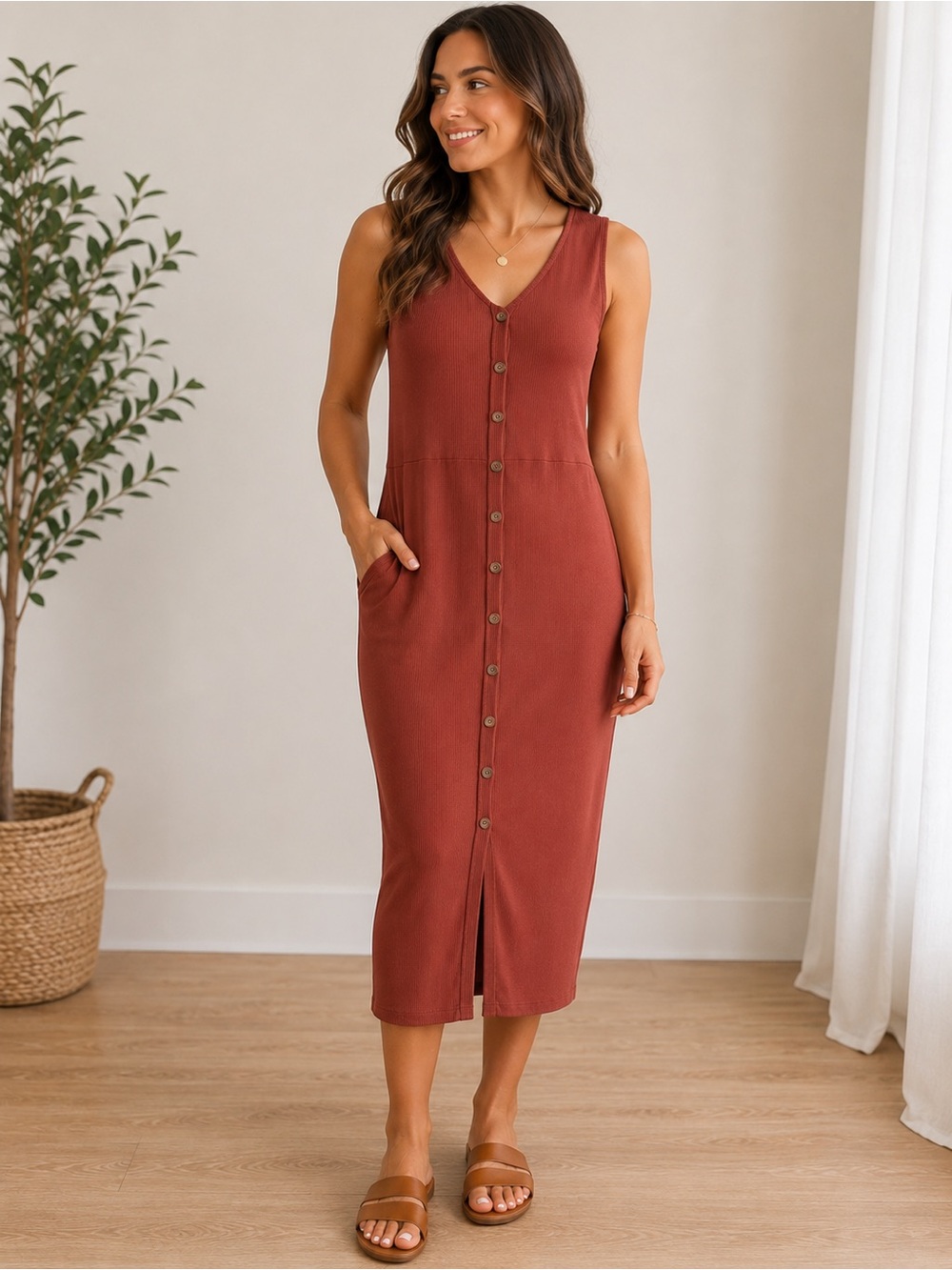 Old Navy Sleeveless Midi Button-Front Dress - Brick Red